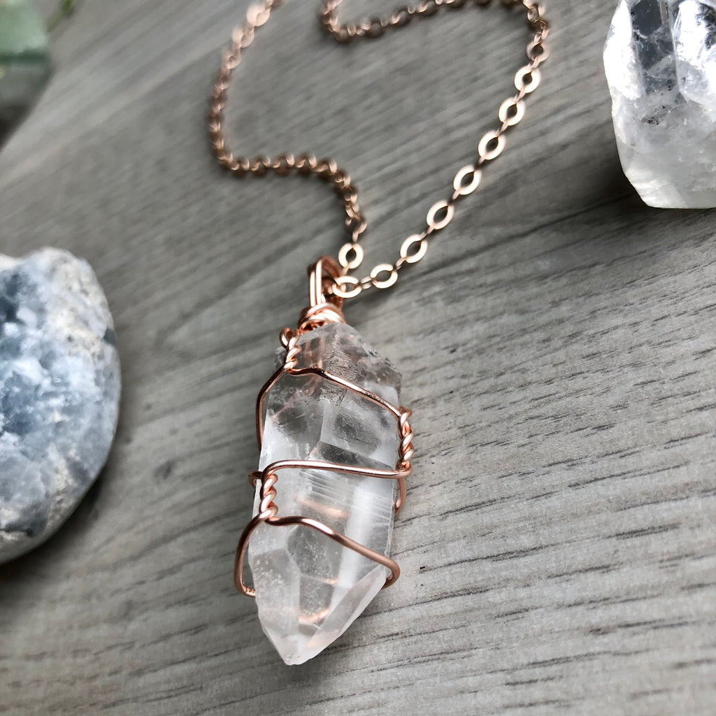 Clear quartz wire wrapped crystal necklace on rose gold chain – Wholehearted Crystal Creations