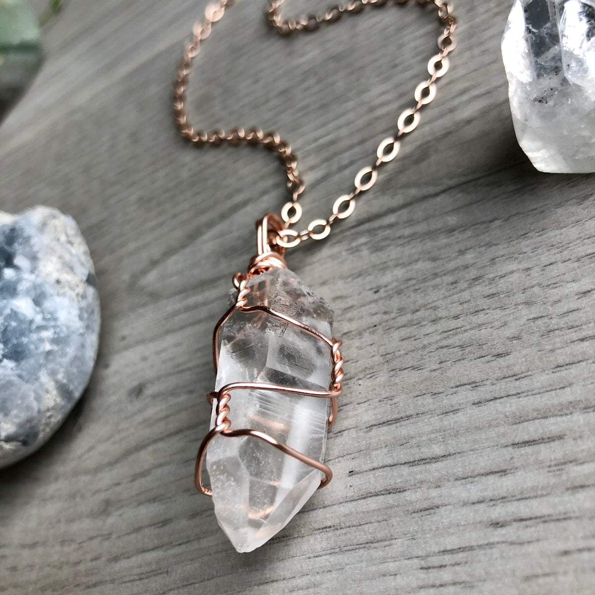 Clear quartz wire wrapped crystal necklace on rose gold chain – Wholehearted Crystal Creations