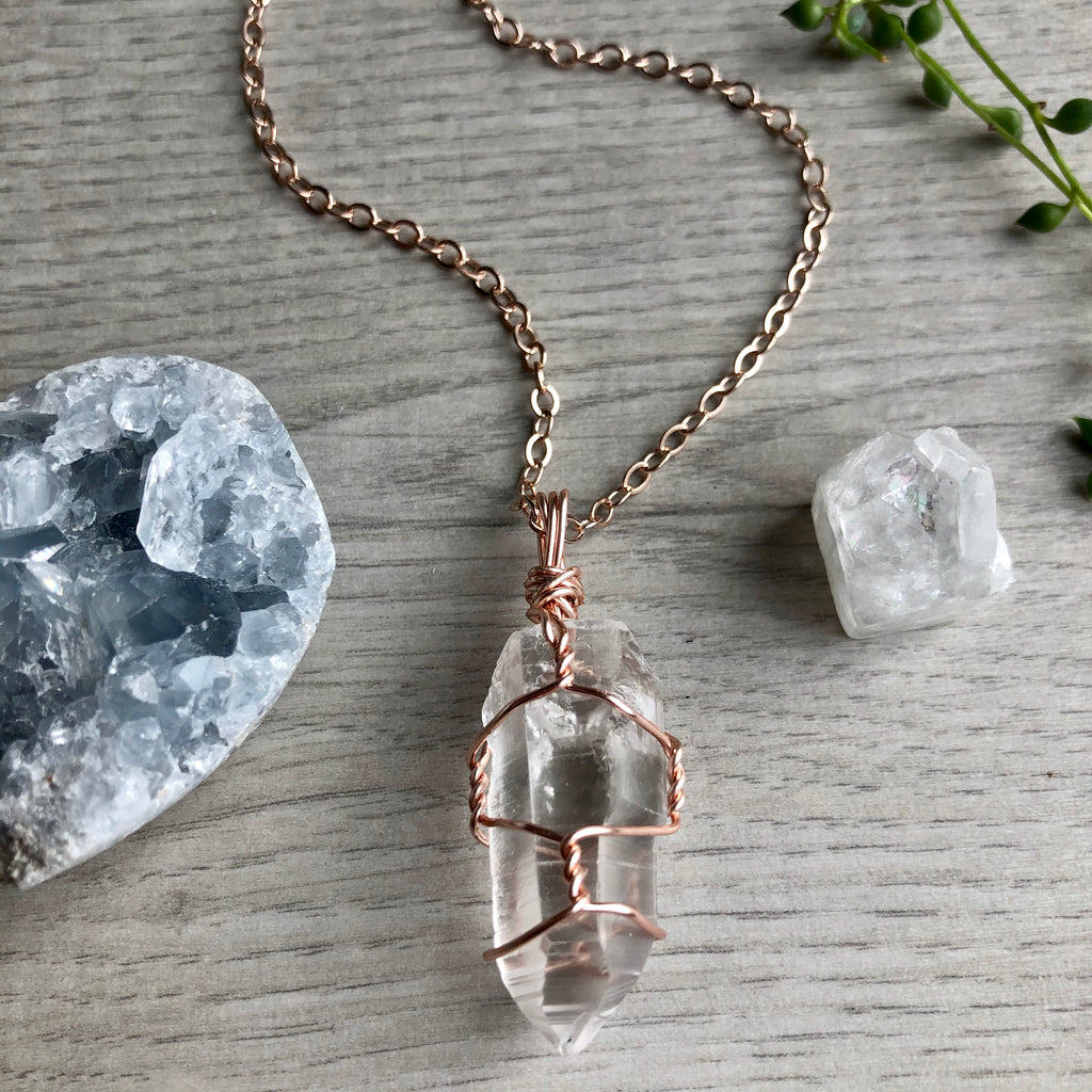 Clear quartz wire wrapped crystal necklace on rose gold chain – Wholehearted Crystal Creations