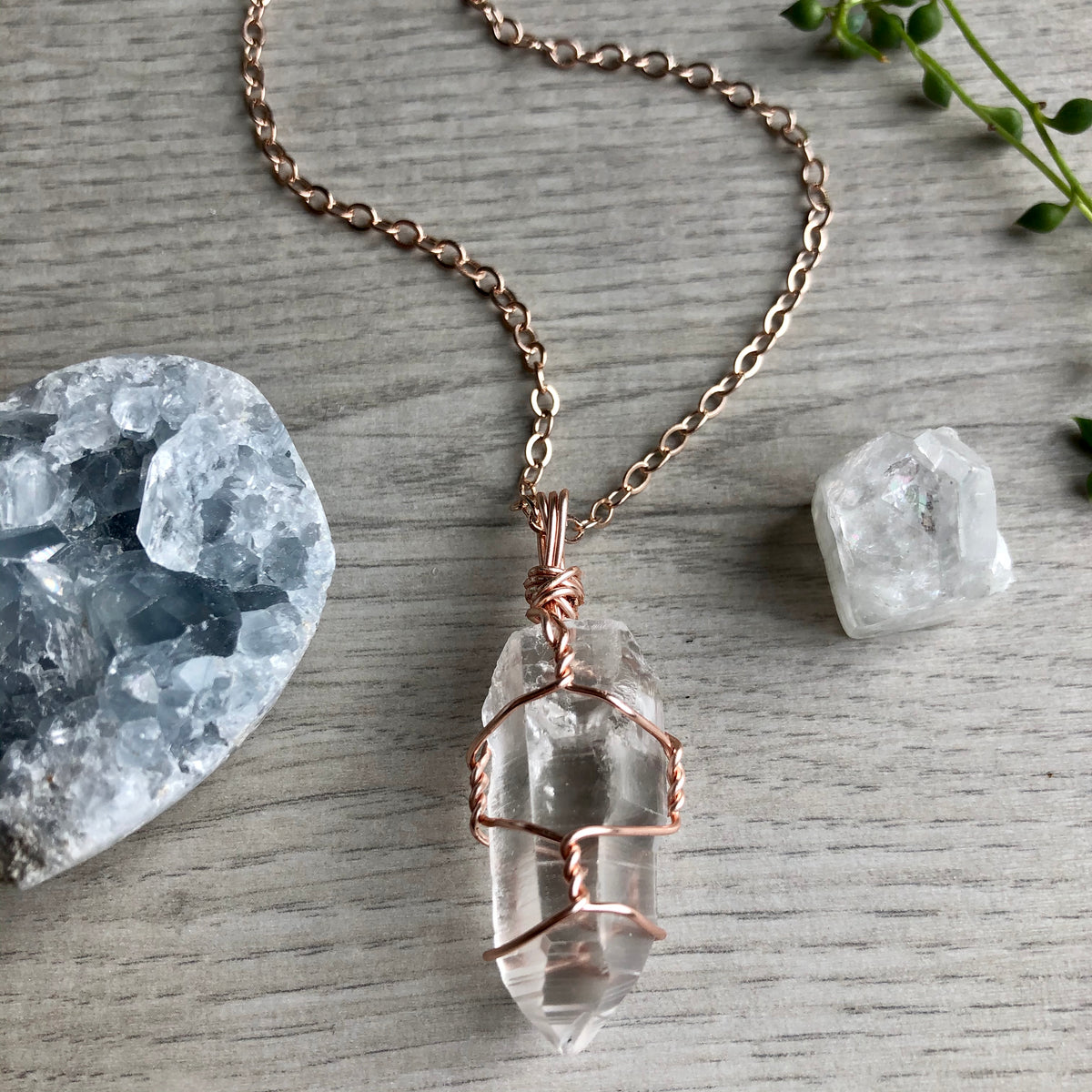 Clear quartz wire wrapped crystal necklace on rose gold chain – Wholehearted Crystal Creations
