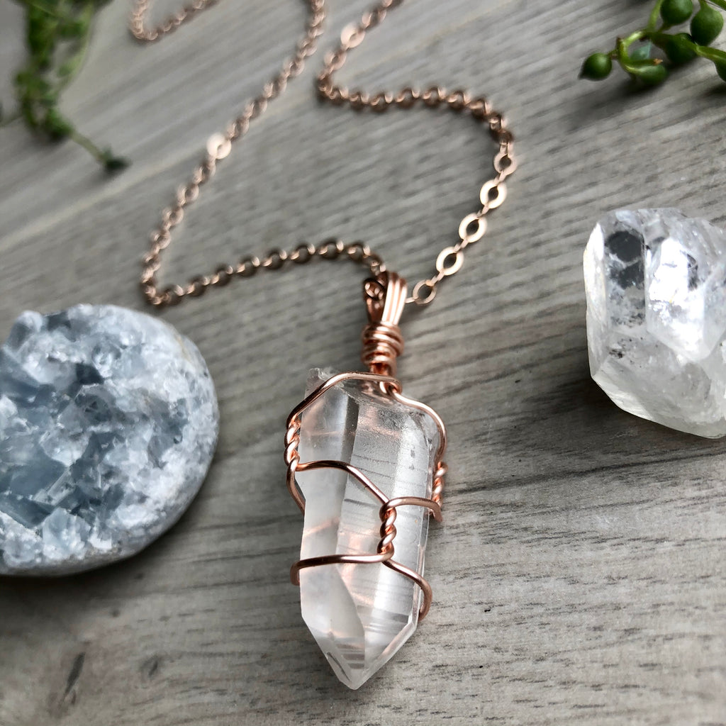 Clear quartz wire wrapped crystal necklace on rose gold chain – Wholehearted Crystal Creations