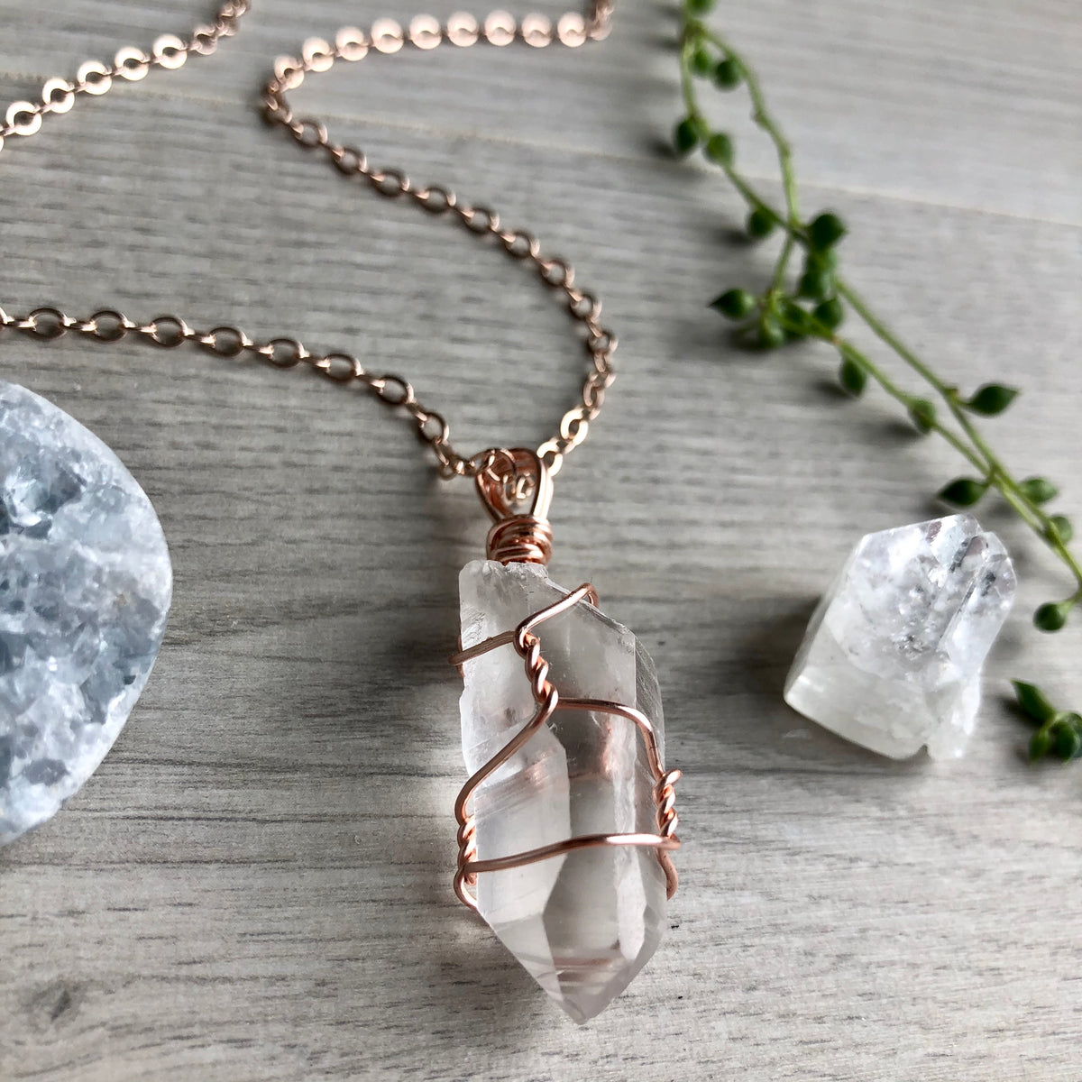 Clear quartz wire wrapped crystal necklace on rose gold chain – Wholehearted Crystal Creations