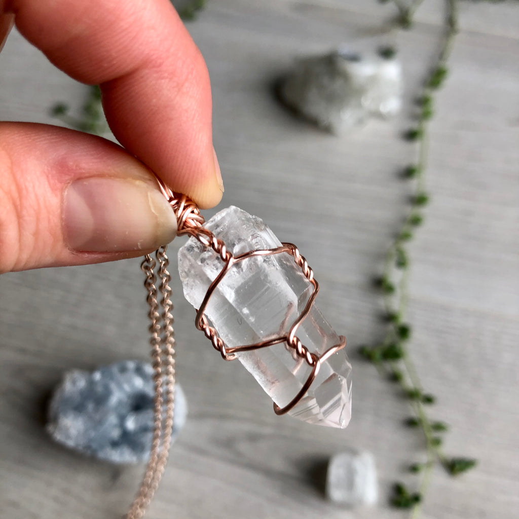 Clear quartz wire wrapped crystal necklace on rose gold chain – Wholehearted Crystal Creations