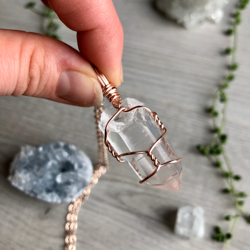 Clear quartz wire wrapped crystal necklace on rose gold chain – Wholehearted Crystal Creations