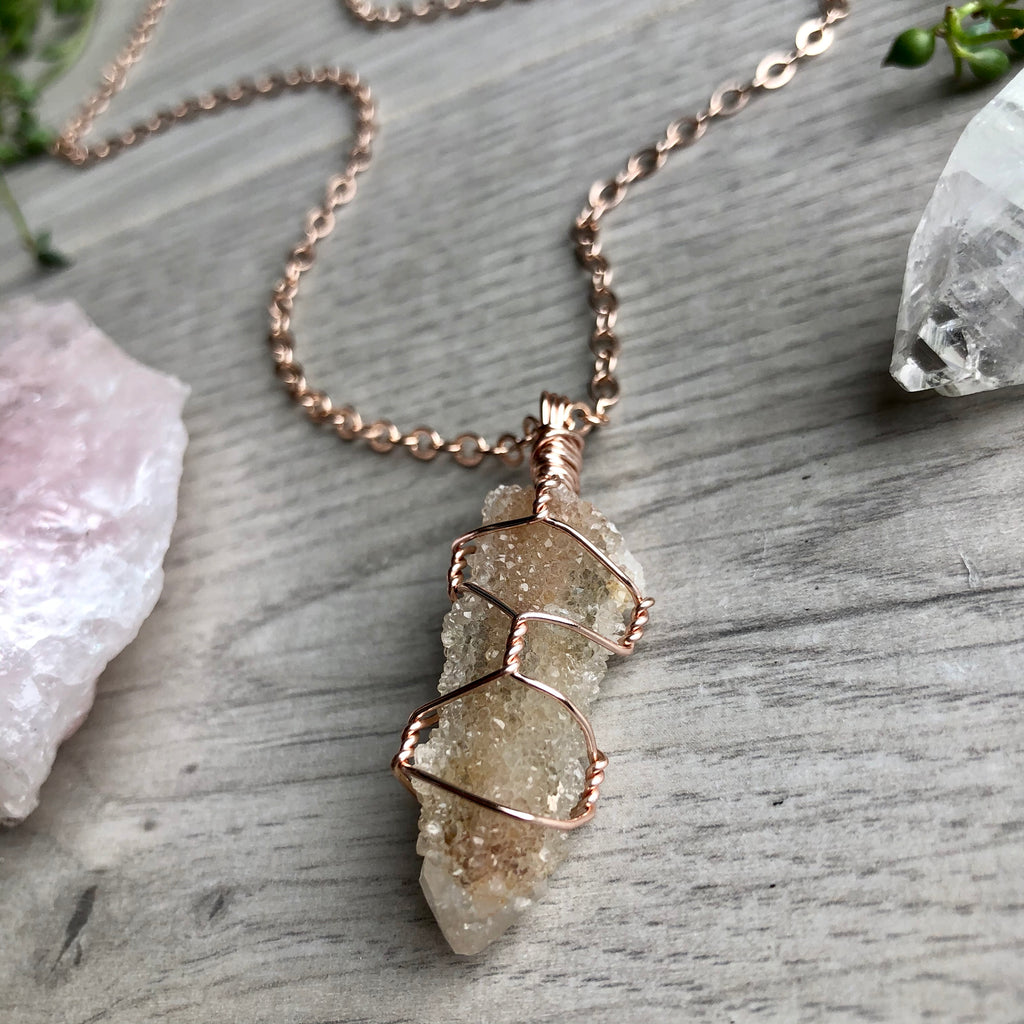 Spirit quartz wire wrapped crystal necklace on rose gold chain – Wholehearted Crystal Creations