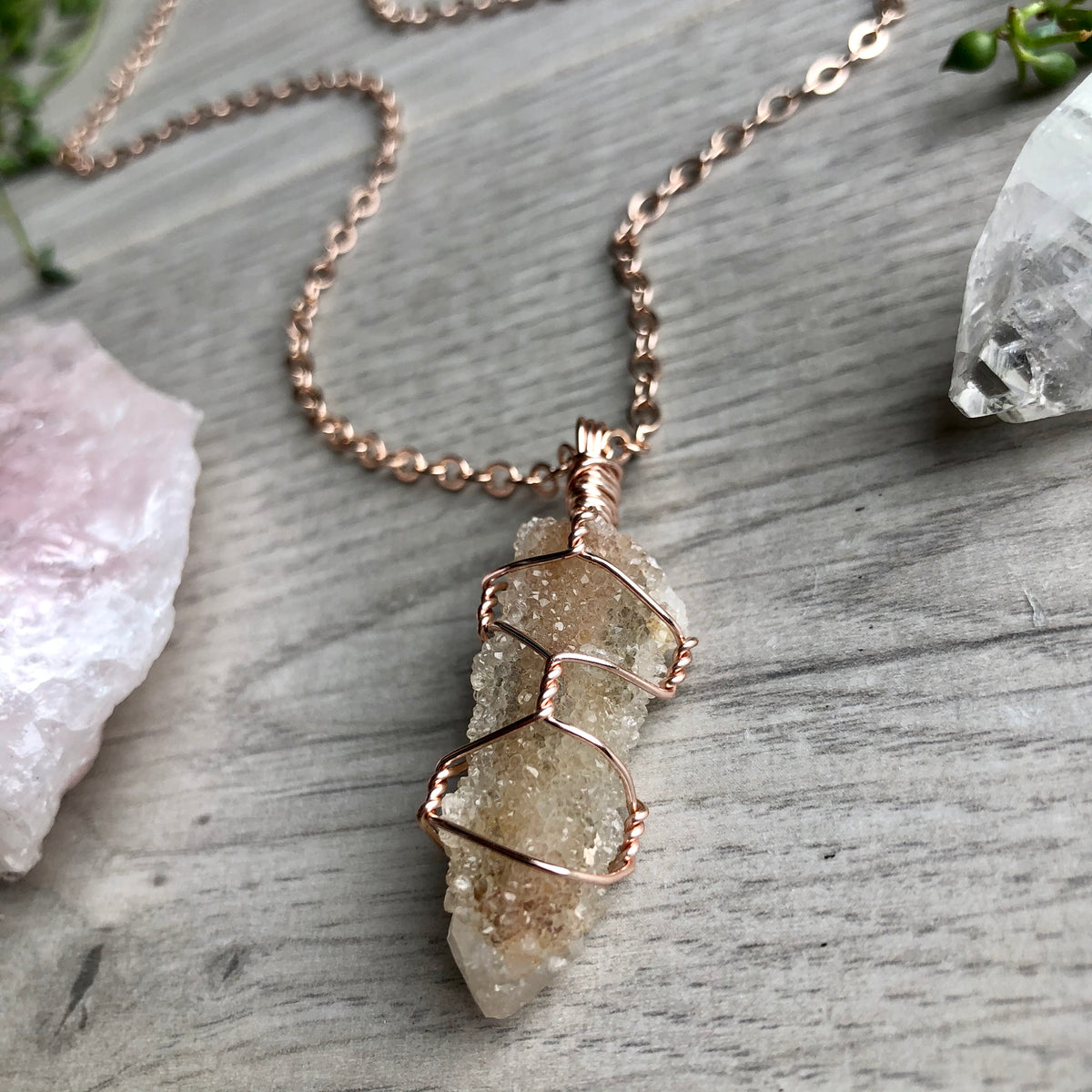 Spirit quartz wire wrapped crystal necklace on rose gold chain – Wholehearted Crystal Creations