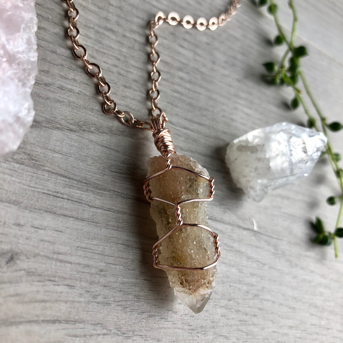 Spirit quartz wire wrapped crystal necklace on rose gold chain – Wholehearted Crystal Creations