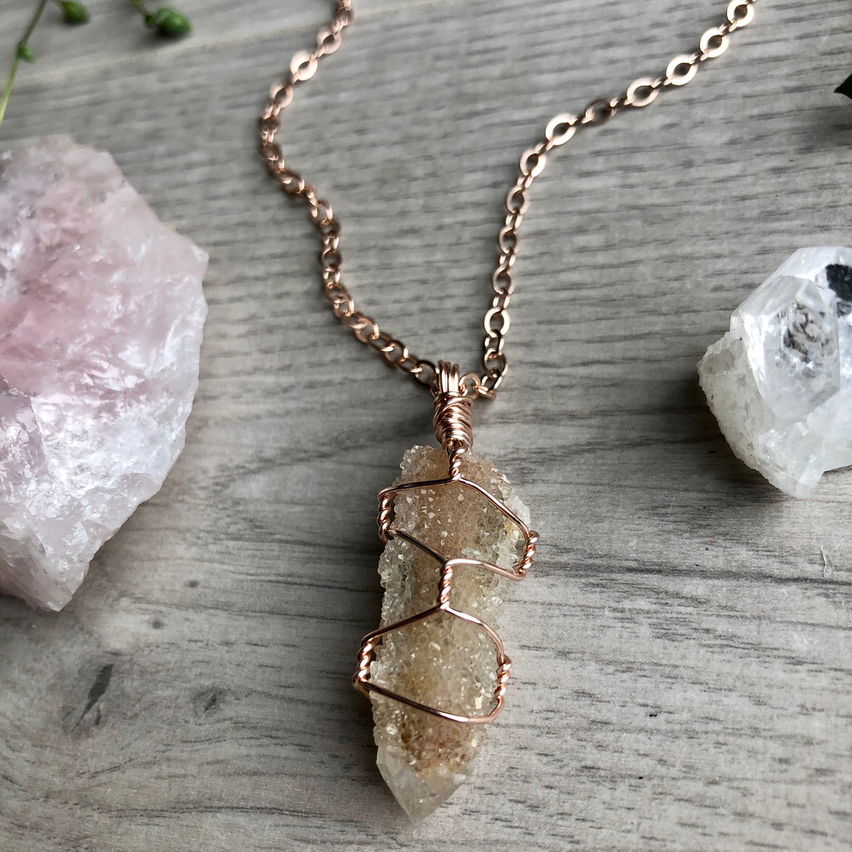 Spirit quartz wire wrapped crystal necklace on rose gold chain – Wholehearted Crystal Creations