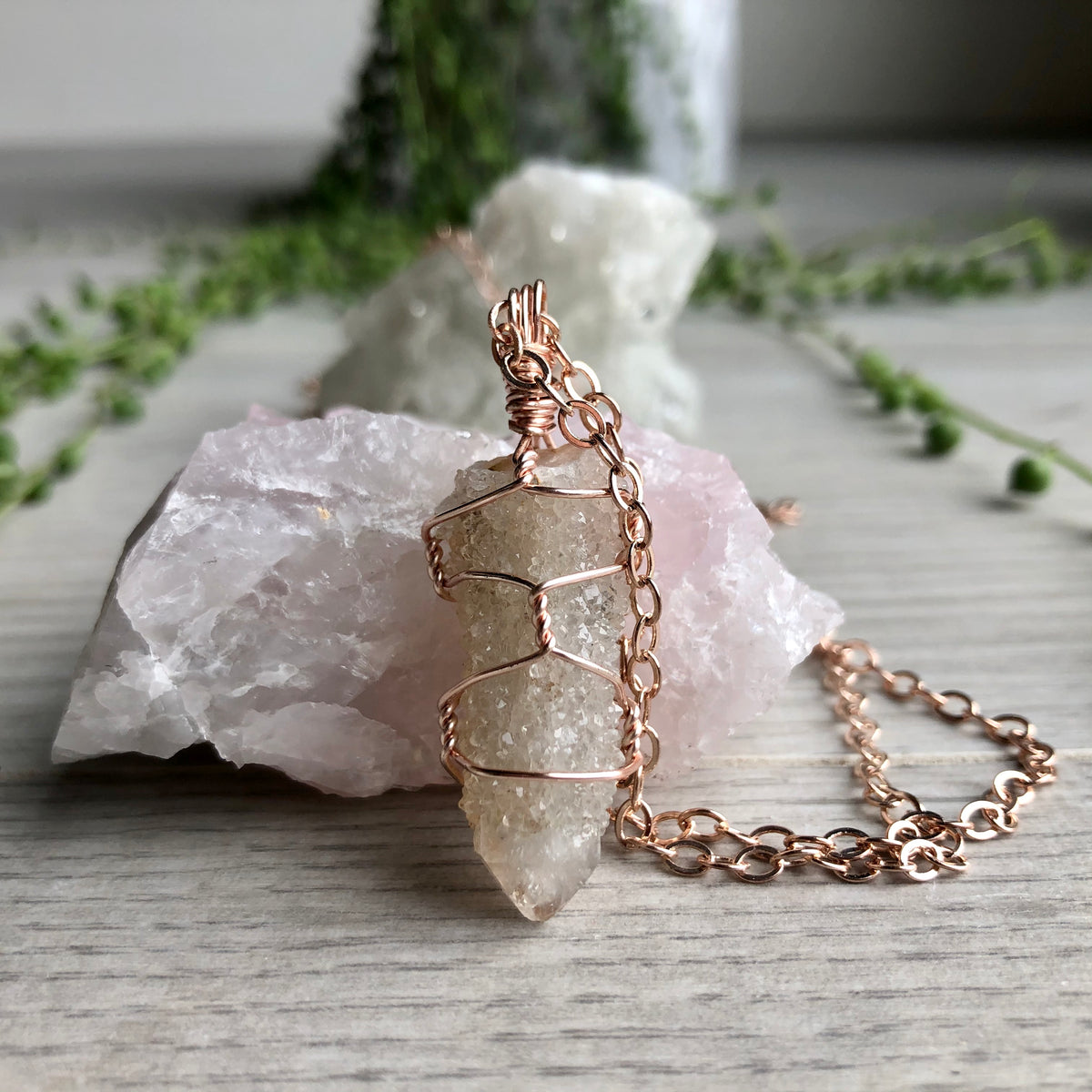 Spirit quartz wire wrapped crystal necklace on rose gold chain – Wholehearted Crystal Creations
