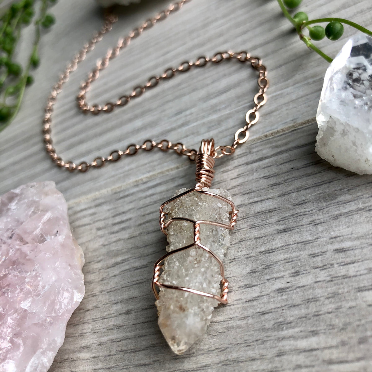 Spirit quartz wire wrapped crystal necklace on rose gold chain – Wholehearted Crystal Creations