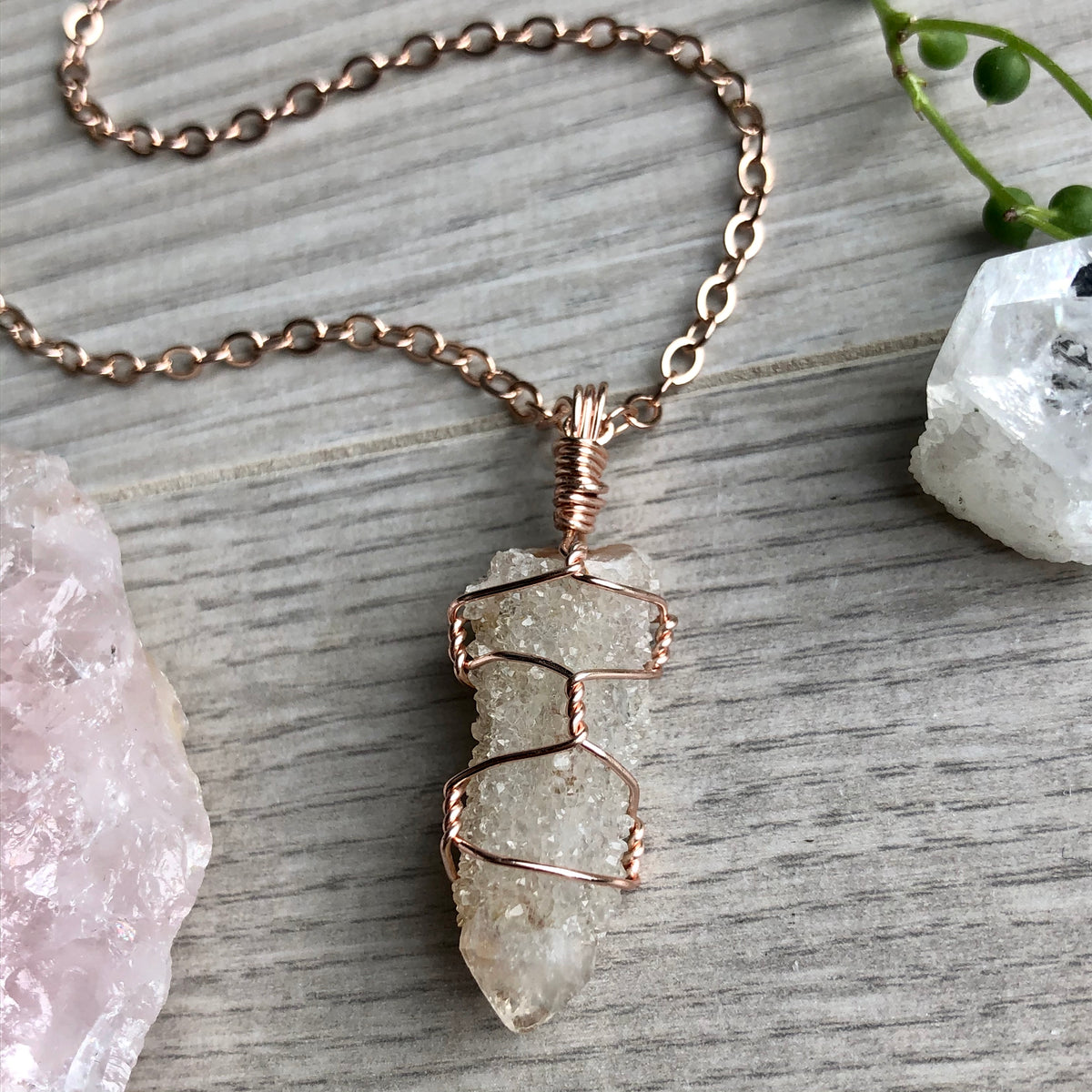Spirit quartz wire wrapped crystal necklace on rose gold chain – Wholehearted Crystal Creations