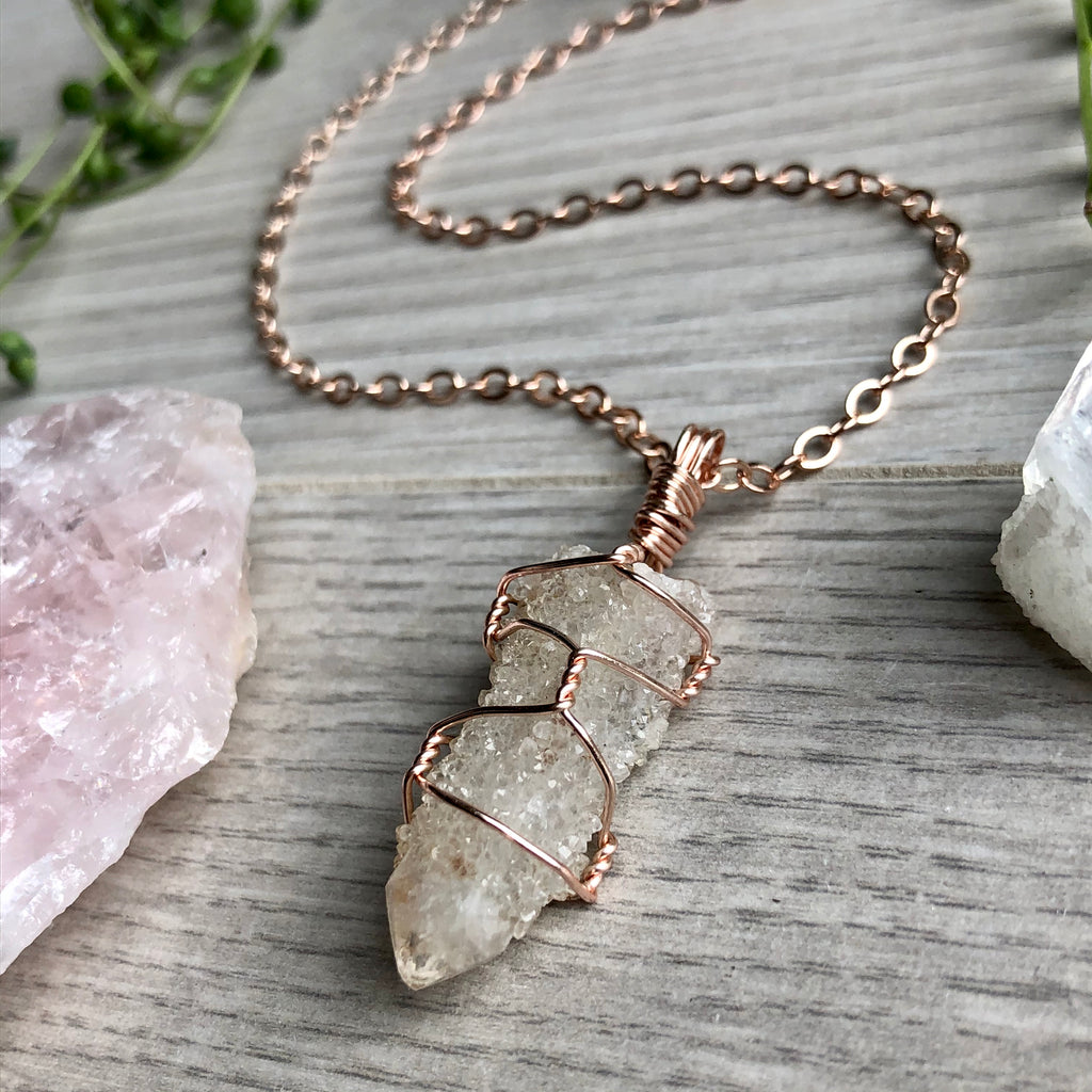 Spirit quartz wire wrapped crystal necklace on rose gold chain – Wholehearted Crystal Creations