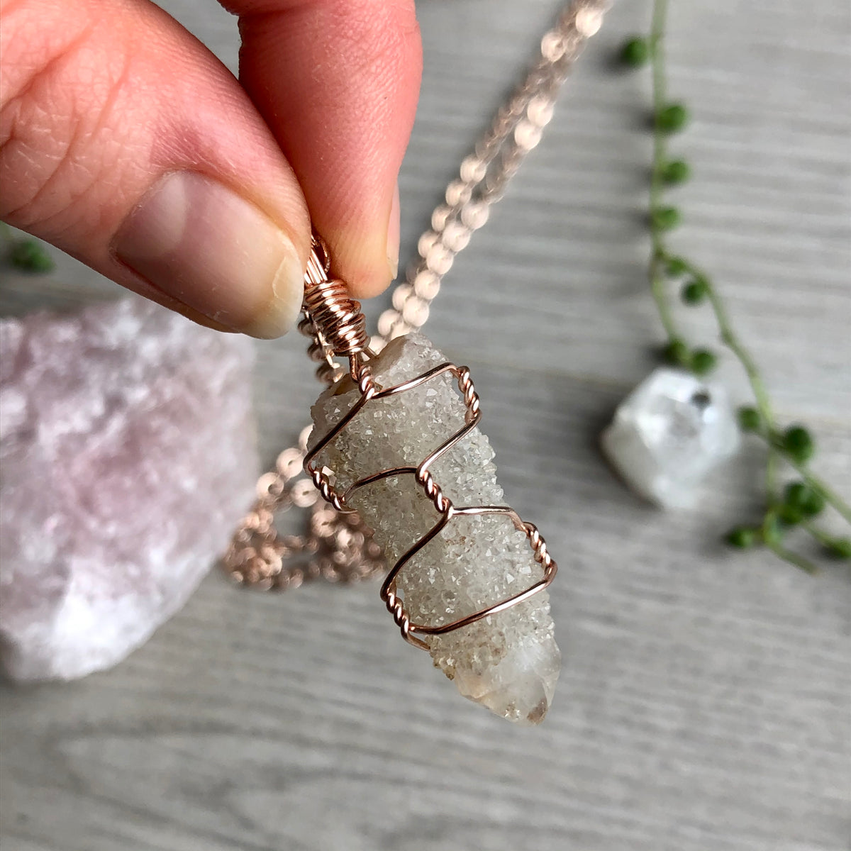 Spirit quartz wire wrapped crystal necklace on rose gold chain – Wholehearted Crystal Creations
