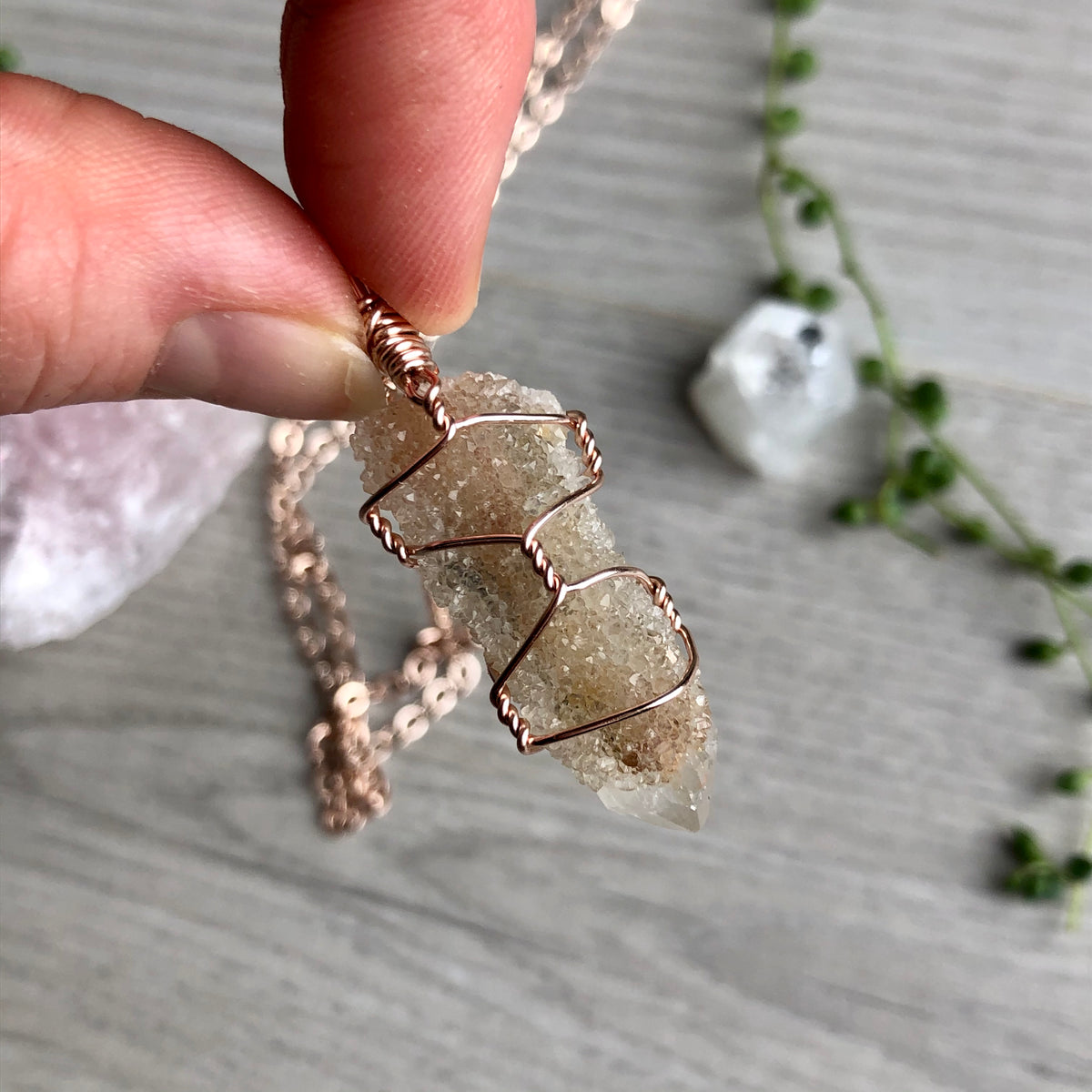 Spirit quartz wire wrapped crystal necklace on rose gold chain – Wholehearted Crystal Creations