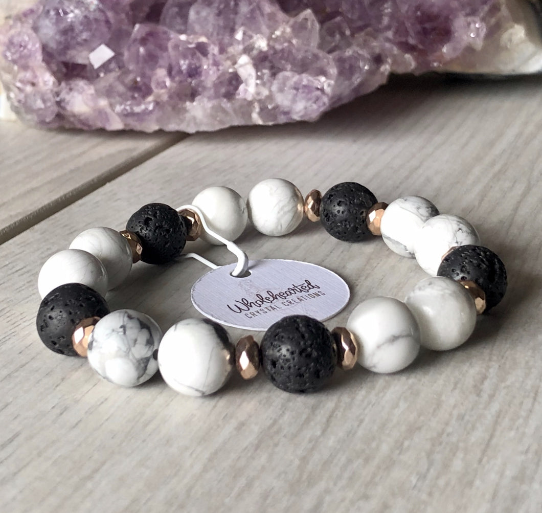 Howlite & Lava Stone Stretch Bracelet With Rose Gold Hematite Spacers-10mm Beads
