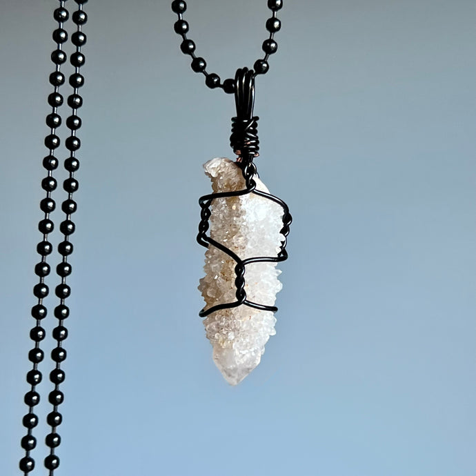 Spirit Quartz wire wrapped necklace on black chain