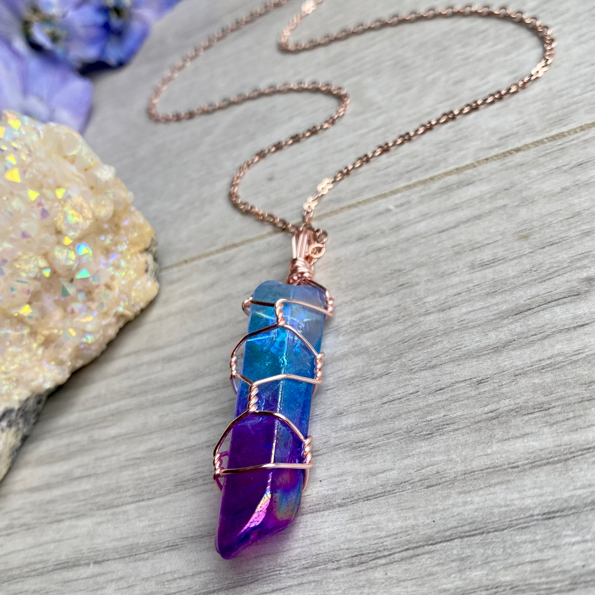 Aura quartz wire wrapped crystal necklace on rose gold chain – Wholehearted Crystal Creations