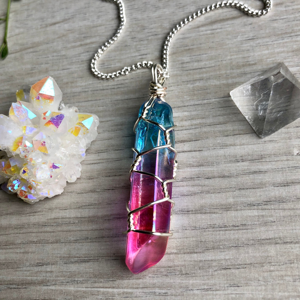 Aura quartz wire wrapped crystal necklace on silver chain – Wholehearted Crystal Creations