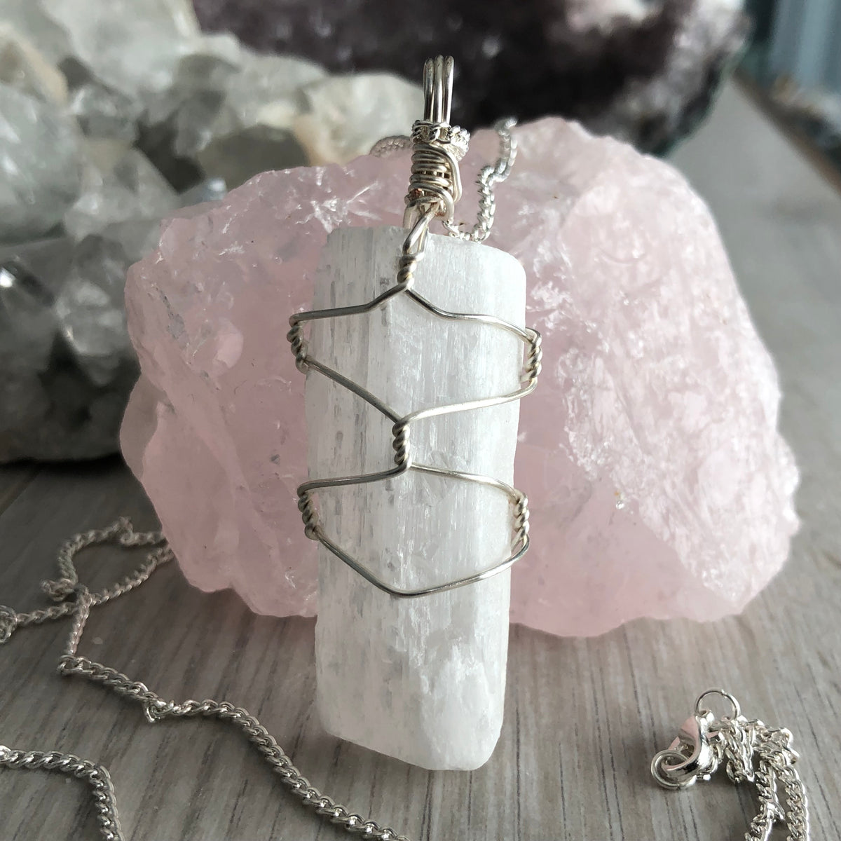 Selenite wire wrapped crystal necklace on silver chain – Wholehearted Crystal Creations