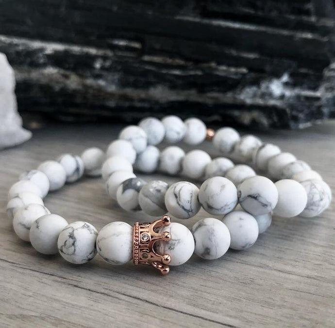 Howlite Stretch Bracelet (set) with rose gold crown spacer with pave cubic zirconia gems