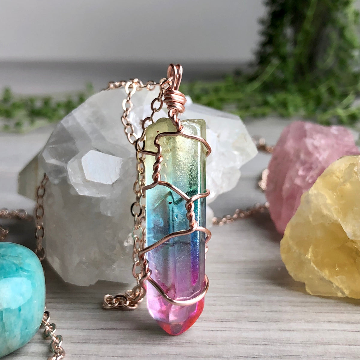 Rainbow aura quartz wire wrapped crystal necklace on rose gold chain – Wholehearted Crystal Creations