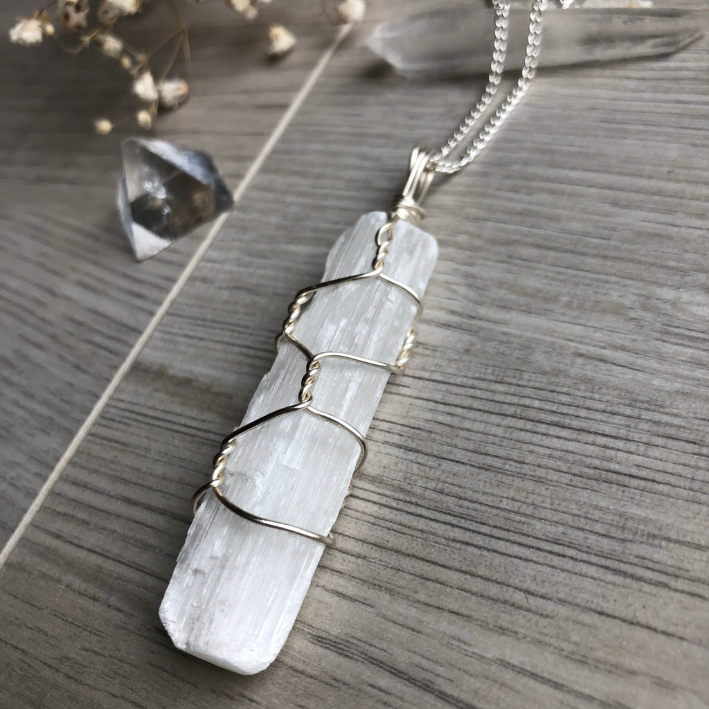 Selenite wire wrapped crystal necklace on silver chain – Wholehearted Crystal Creations