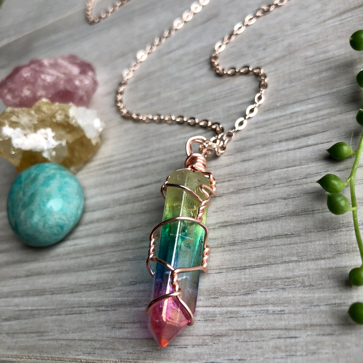 Rainbow aura quartz wire wrapped crystal necklace on rose gold chain – Wholehearted Crystal Creations