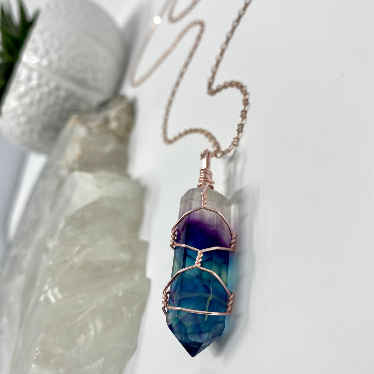Rainbow fluorite wire wrapped crystal necklace on rose gold chain – Wholehearted Crystal Creations