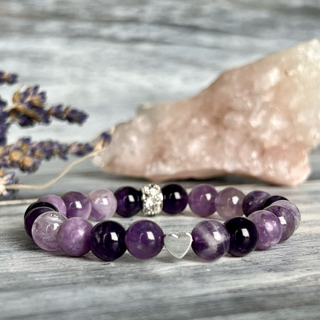 Amethyst & Lepidolite with Silver Heart Shaped Hematite Spacer Beaded Stretch Bracelet