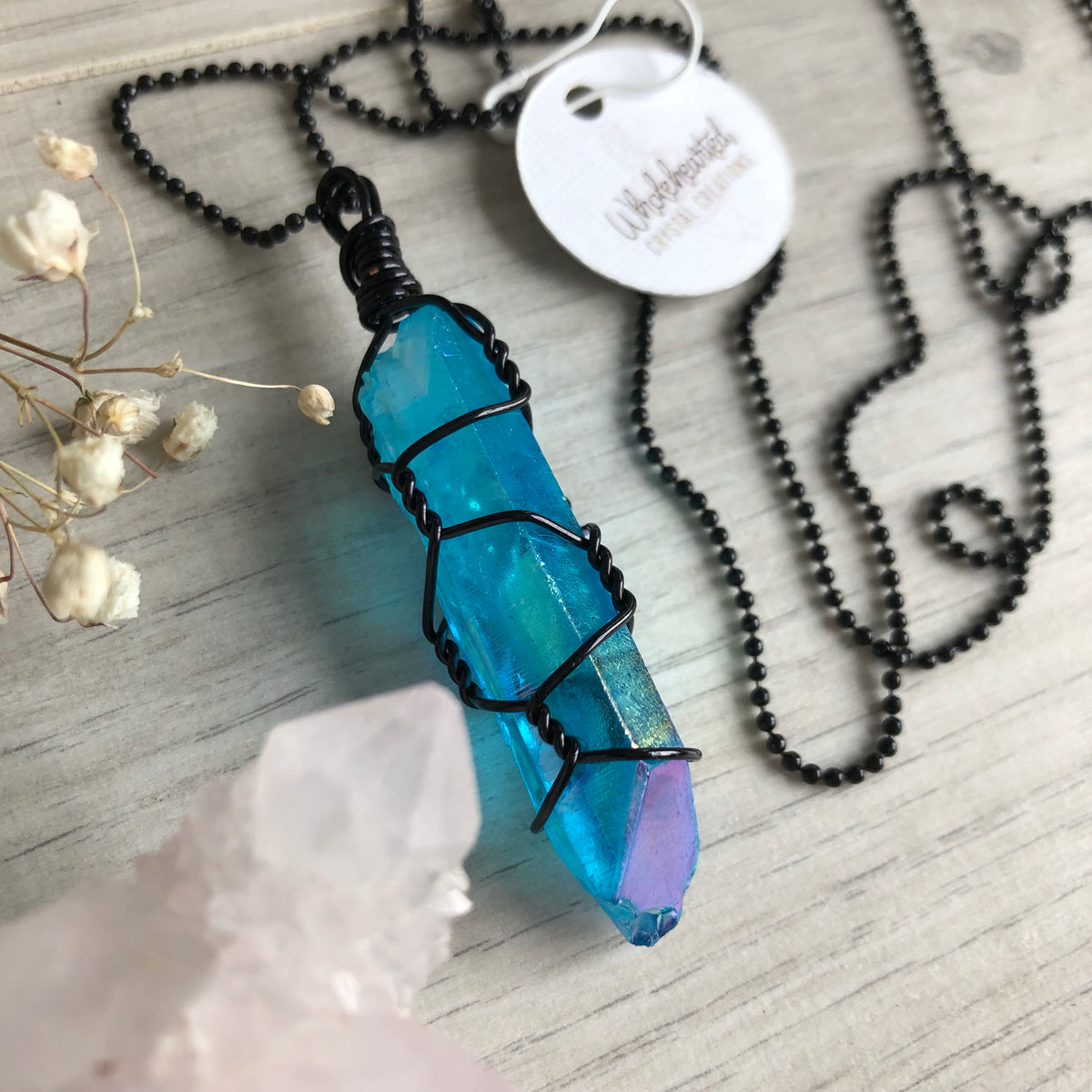 Aqua Aura Quartz on Black Ball Chain – Wholehearted Crystal Creations