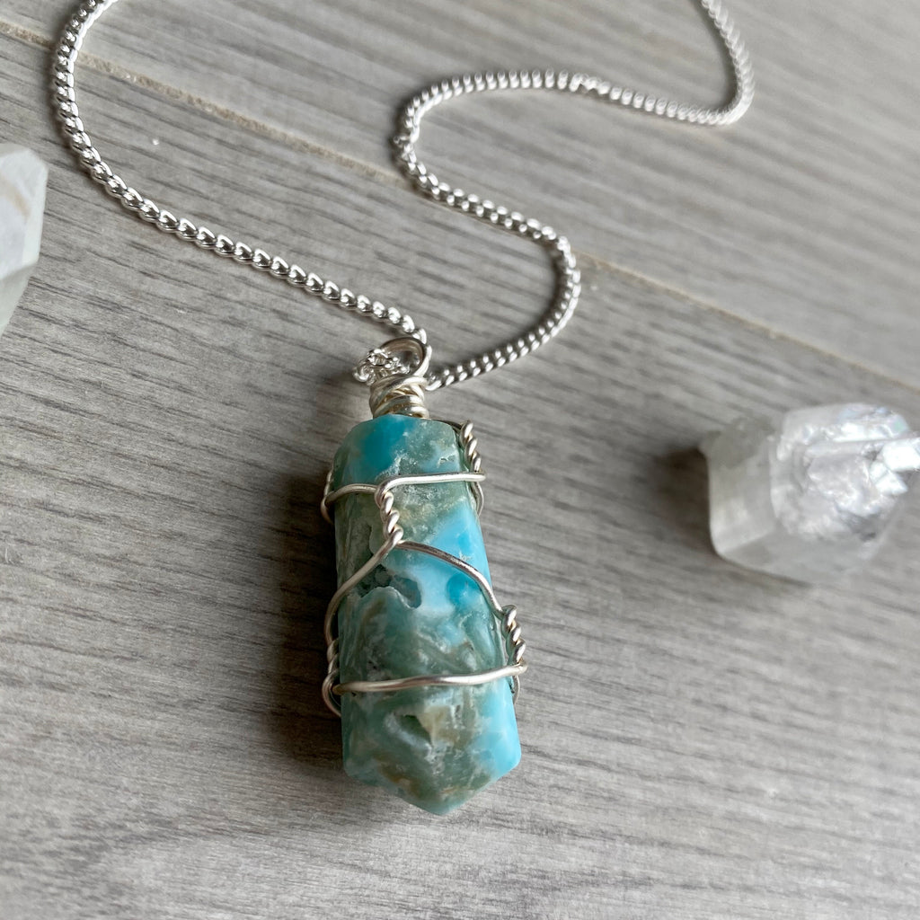 Blue aragonite (calcite) wire wrapped crystal necklace on silver chain – Wholehearted Crystal Creations