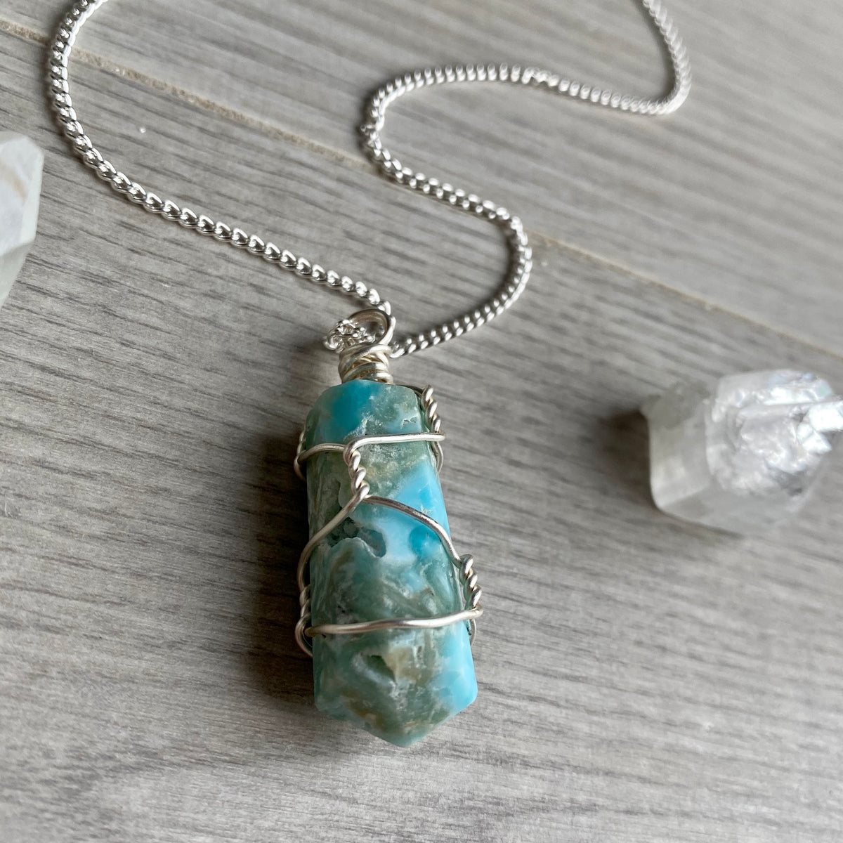 Blue aragonite (calcite) wire wrapped crystal necklace on silver chain – Wholehearted Crystal Creations