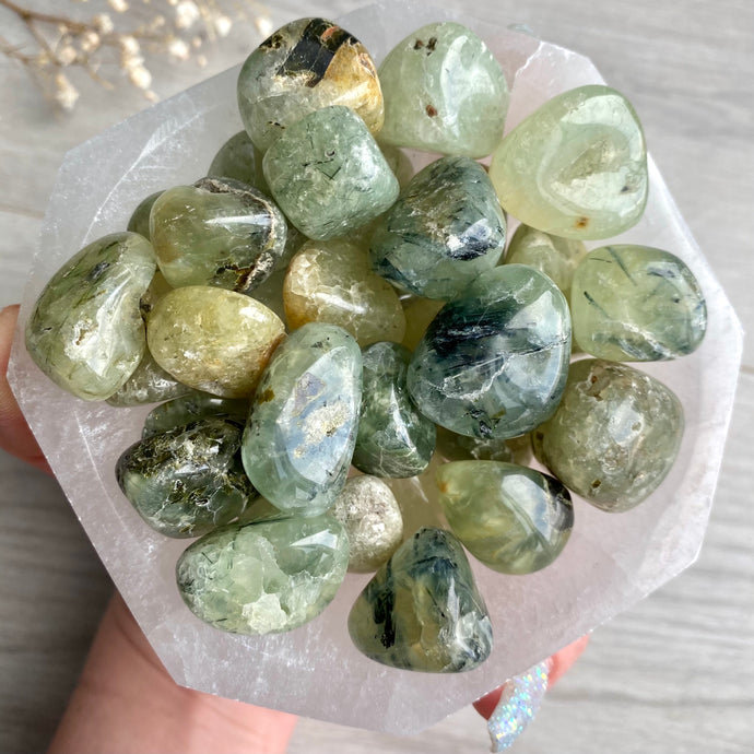 Prehnite with Epidote tumbled pocket stone specimen