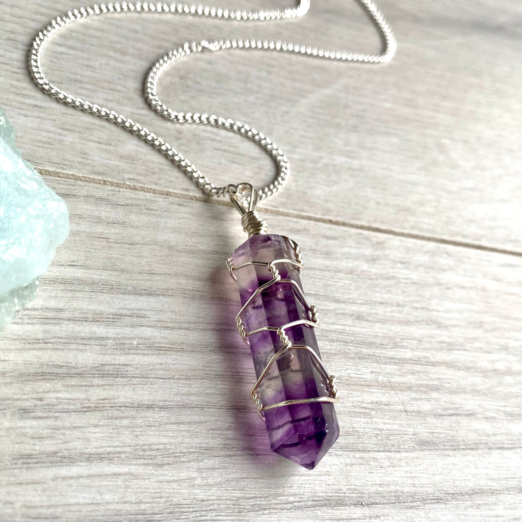 Fluorite wire wrapped crystal necklace on silver chain – Wholehearted Crystal Creations