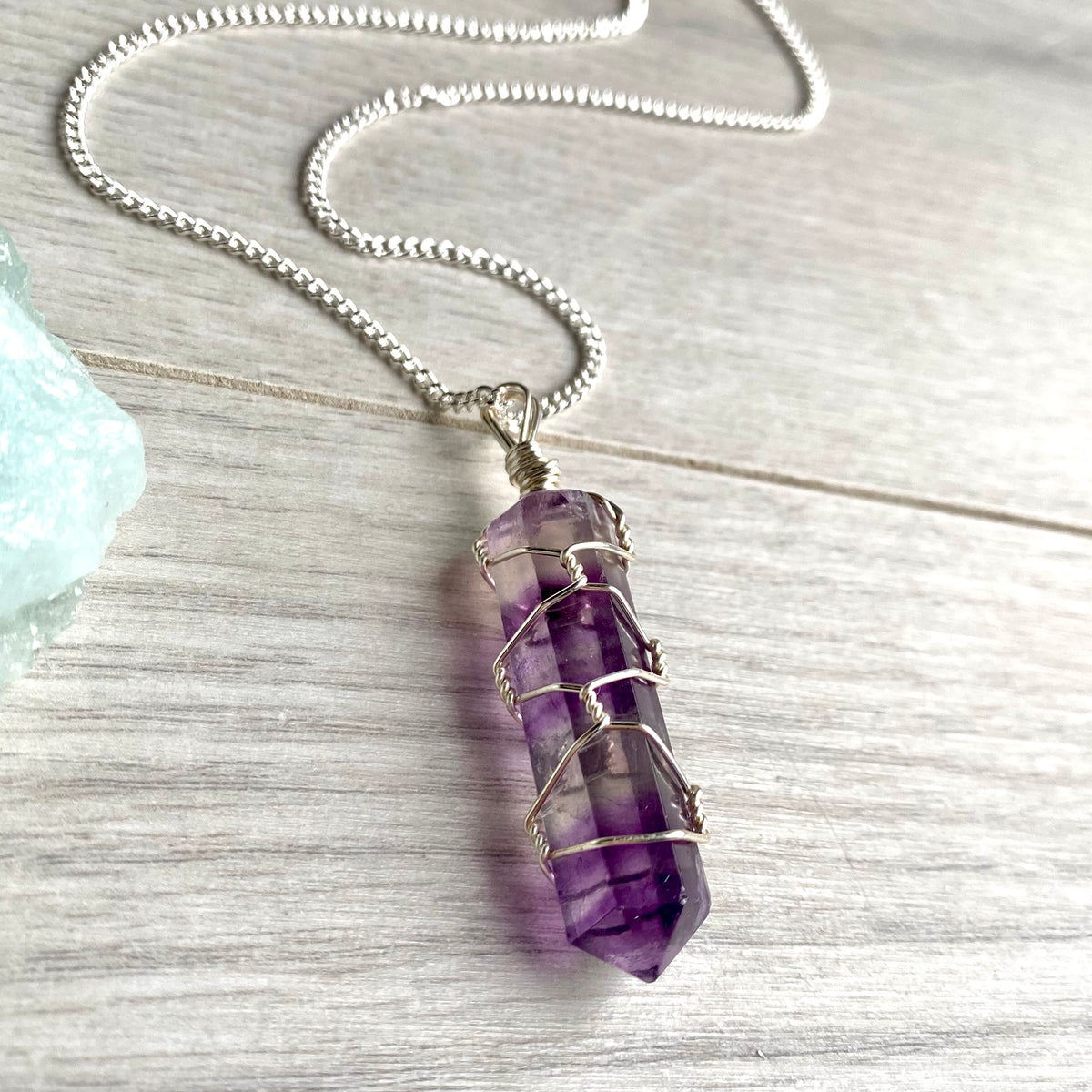 Fluorite wire wrapped crystal necklace on silver chain – Wholehearted Crystal Creations