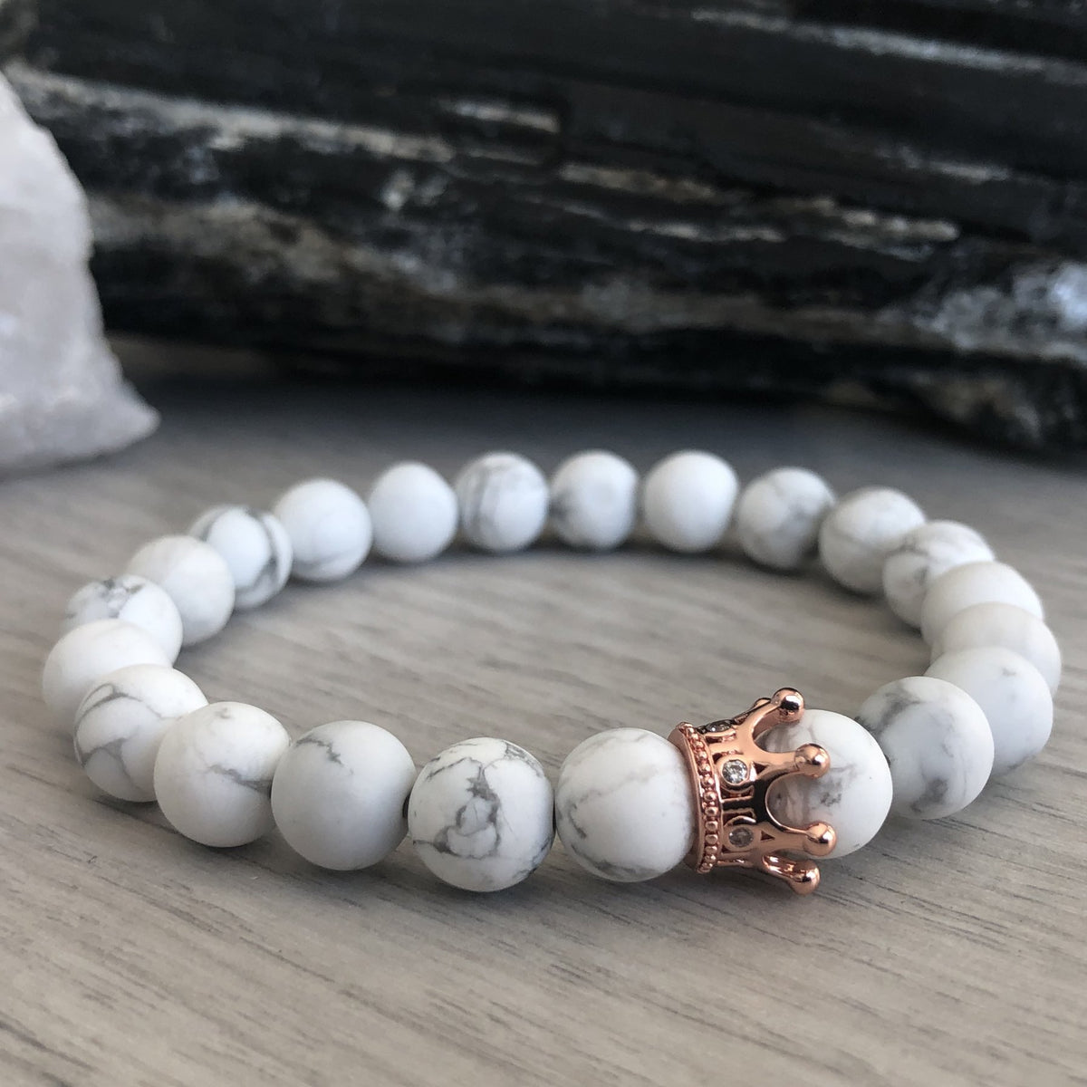 Howlite Bracelet Set Rose Gold Crown Pave CZ – Wholehearted Crystal Creations