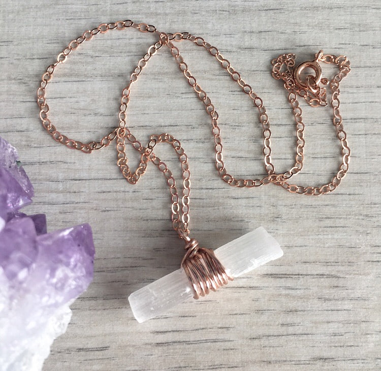 Selenite bar wire wrapped crystal necklace on rose gold chain – Wholehearted Crystal Creations