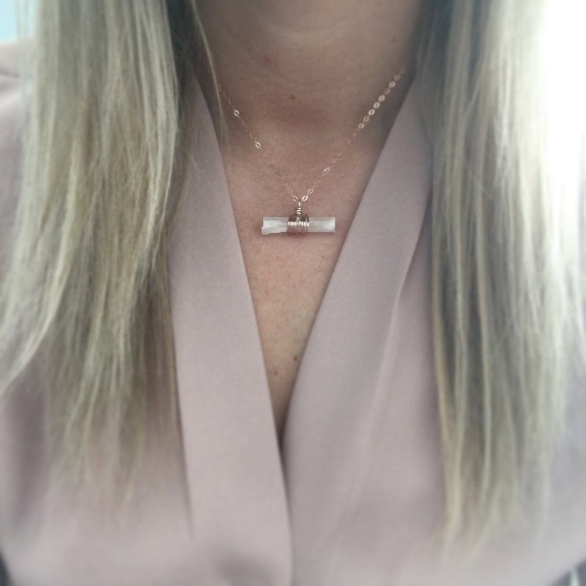 Selenite bar wire wrapped crystal necklace on rose gold chain – Wholehearted Crystal Creations