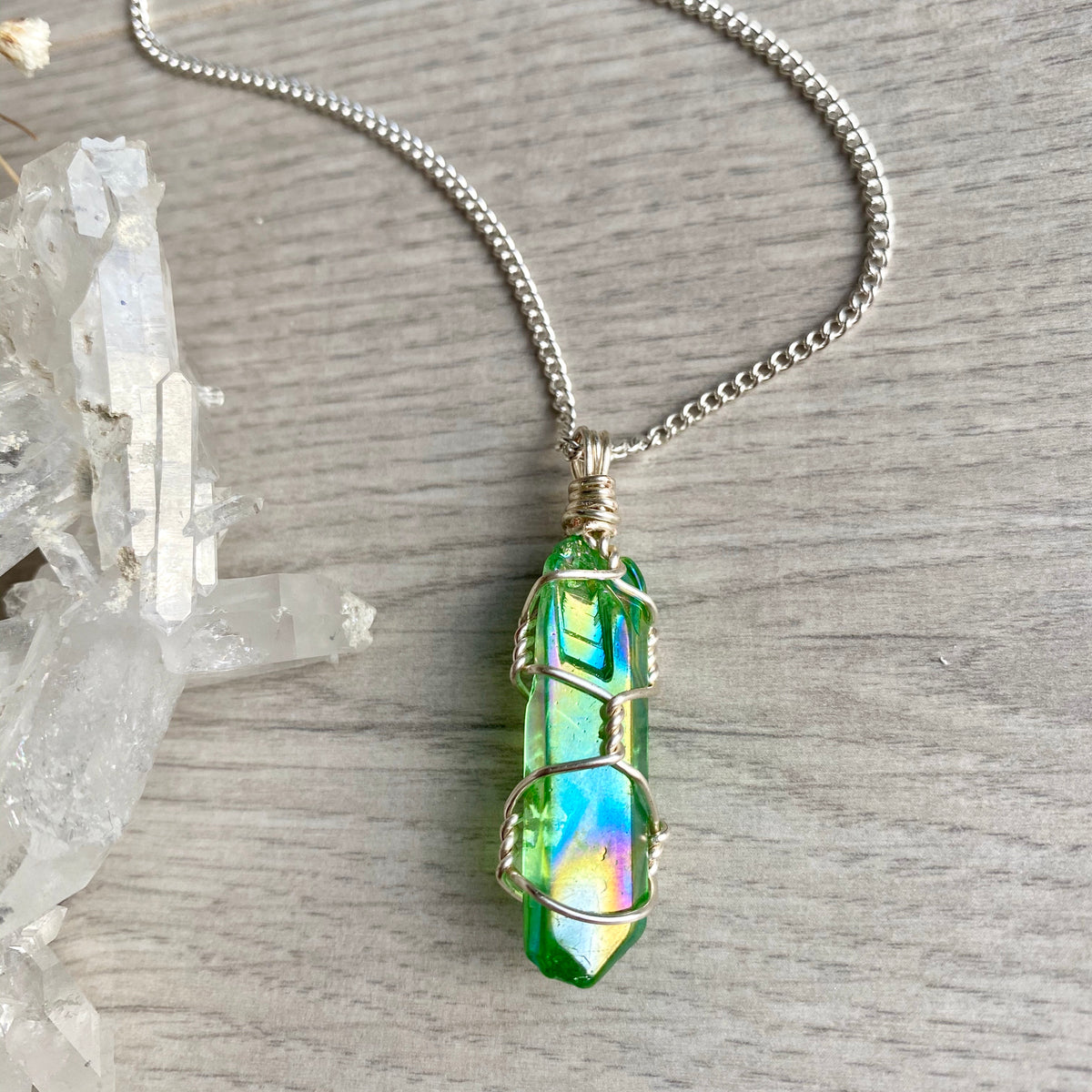 Green apple aura quartz wire wrapped crystal necklace on rose gold chain – Wholehearted Crystal Creations