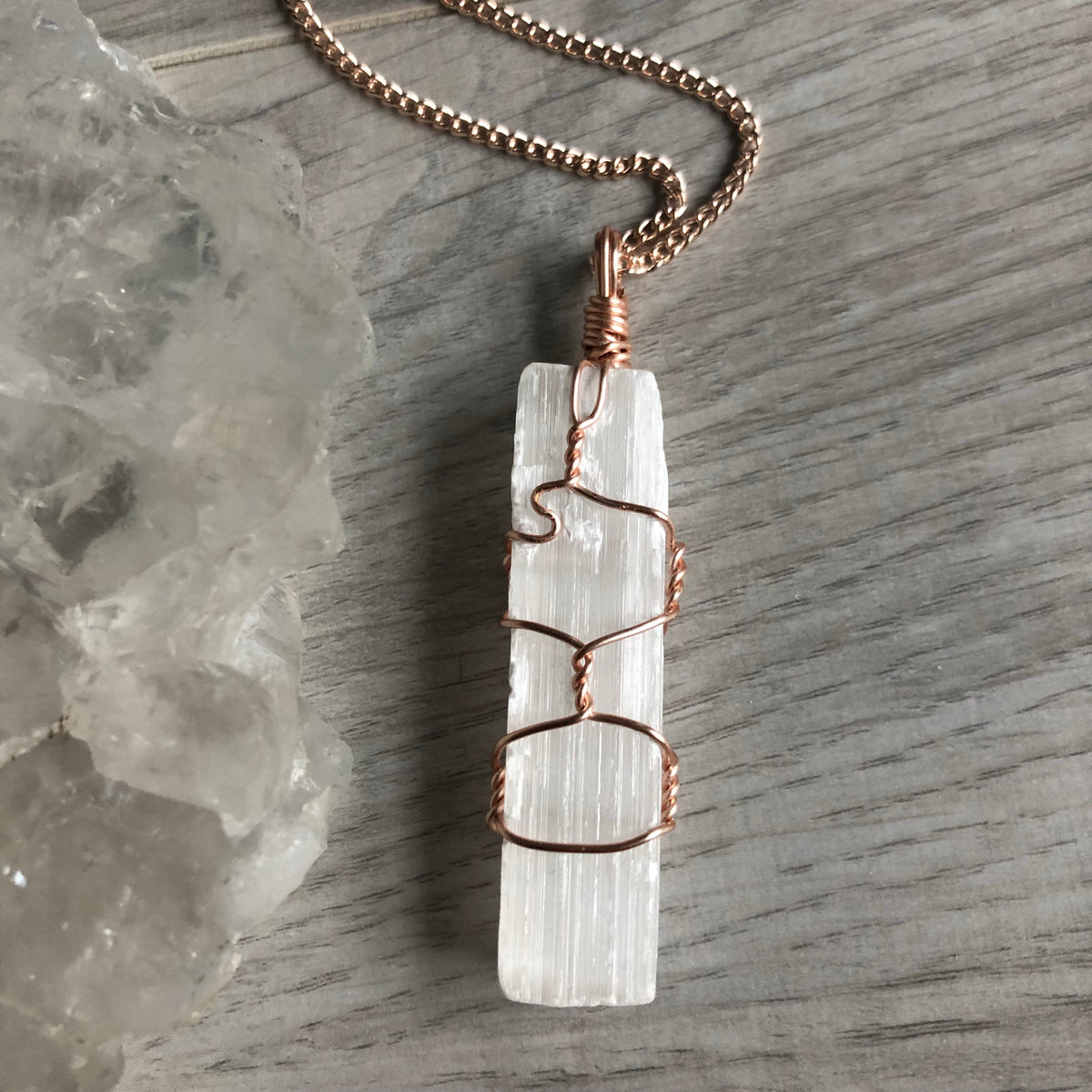 Selenite wire wrapped crystal necklace on rose gold chain – Wholehearted Crystal Creations