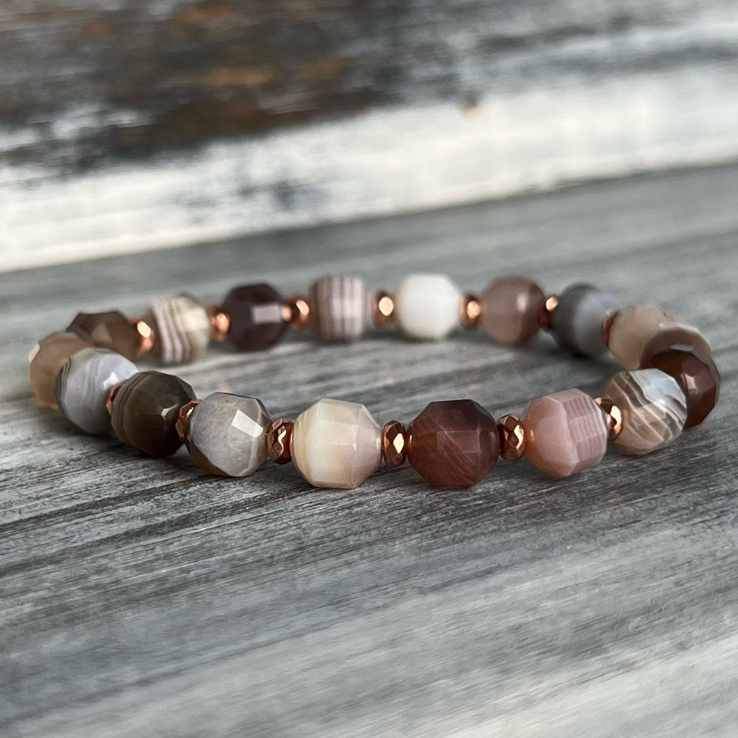 Botswana Agate Stretch Bracelet with Rose Gold Hematite Spacers