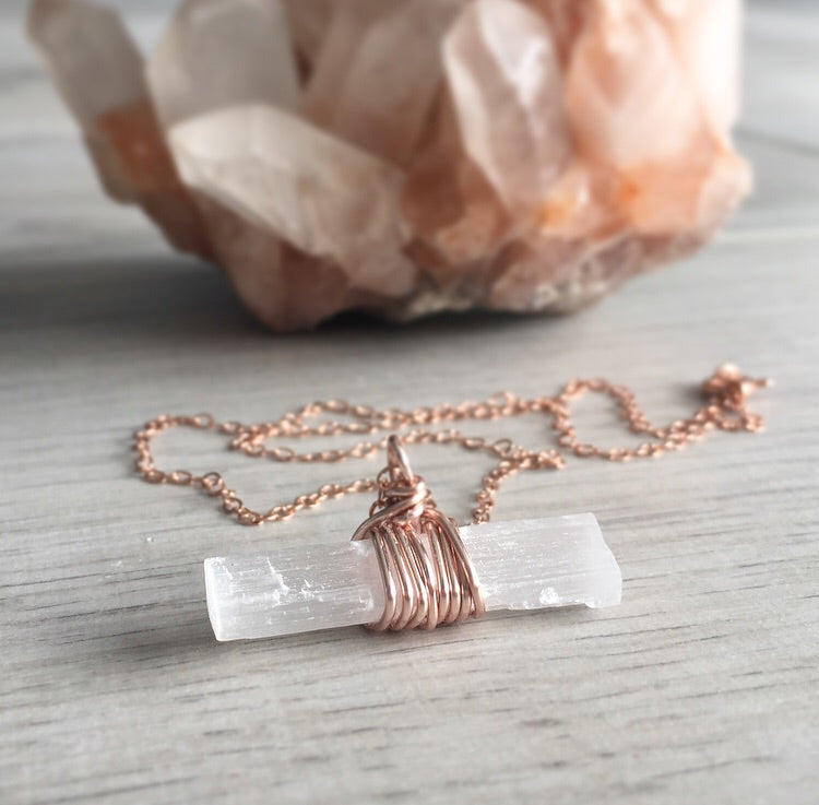 Selenite bar wire wrapped crystal necklace on rose gold chain – Wholehearted Crystal Creations
