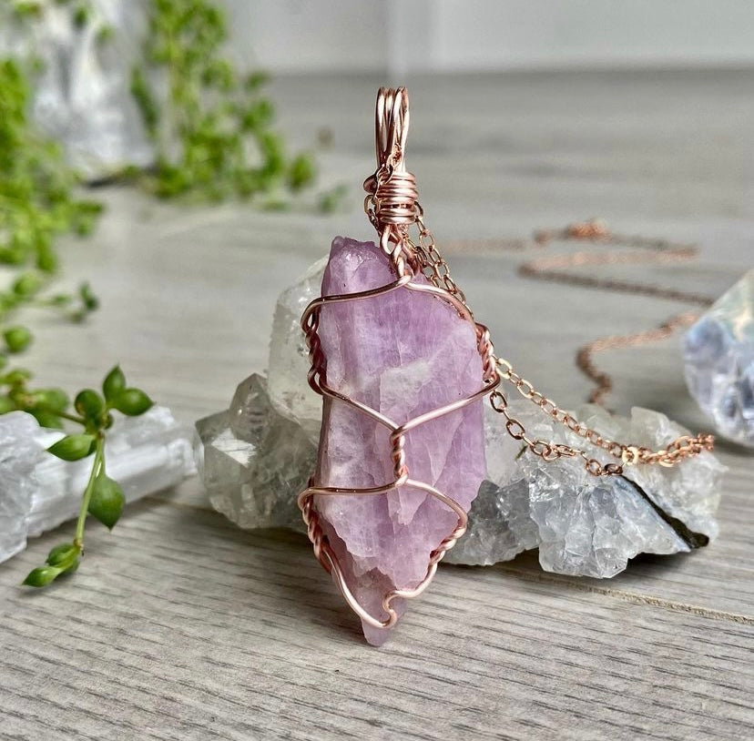 Kunzite wire wrapped crystal necklace