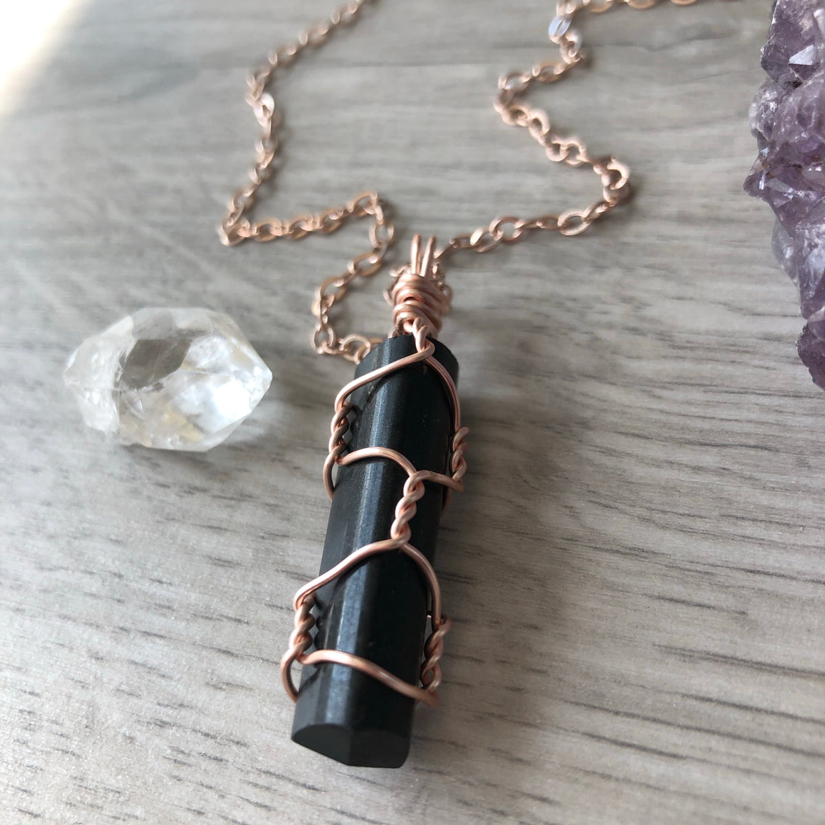 Black tourmaline wire wrapped crystal necklace on rose gold chain – Wholehearted Crystal Creations