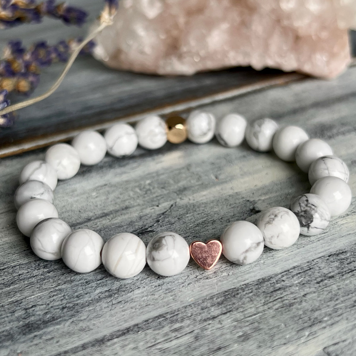 Howlite Heart Rose Gold Hematite Spacer Stretch Bracelet – Wholehearted Crystal Creations