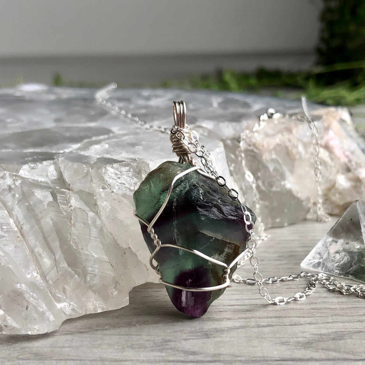 Rainbow fluorite (raw) wire wrapped crystal necklace on silver chain – Wholehearted Crystal Creations