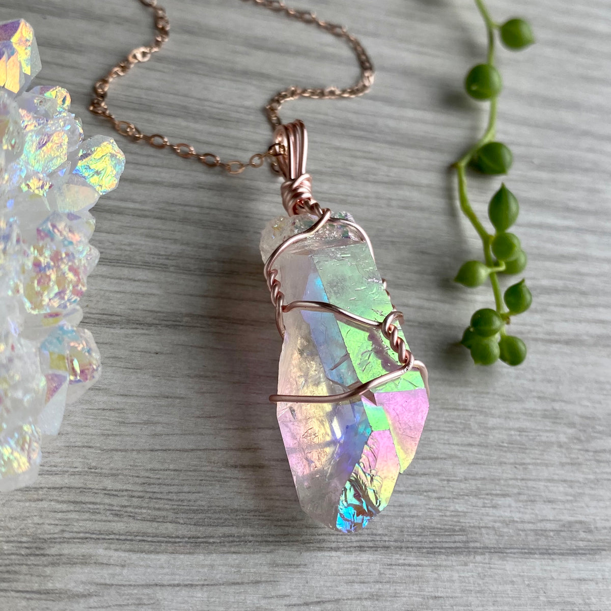 Angel aura quartz wire wrapped crystal necklace on rose gold chain – Wholehearted Crystal Creations
