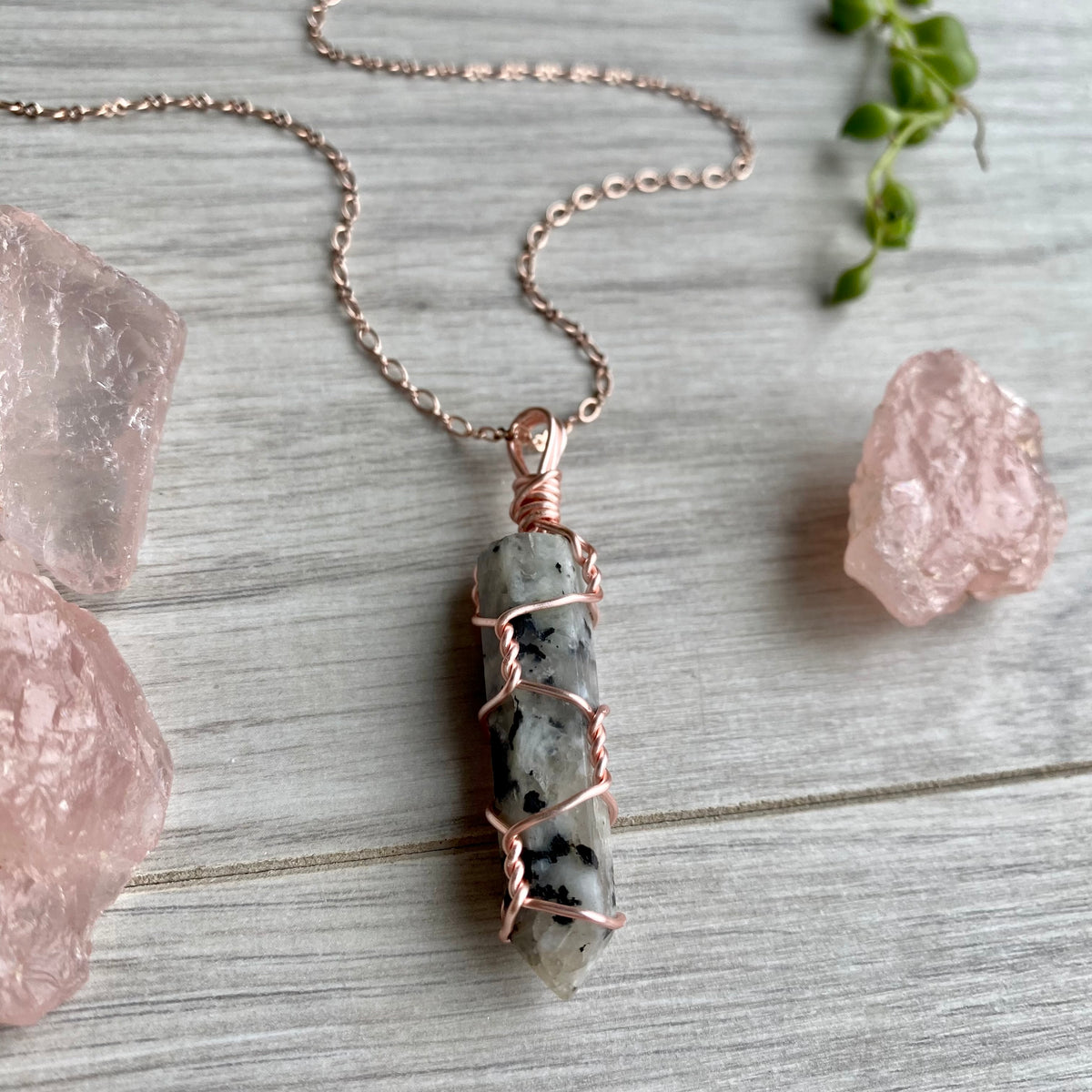 Moonstone wire wrapped crystal necklace on rose gold chain – Wholehearted Crystal Creations