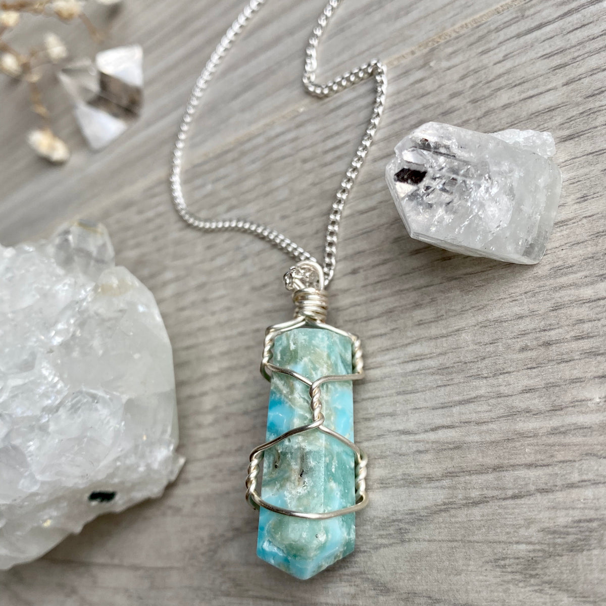 Blue aragonite (calcite) wire wrapped crystal necklace on silver chain – Wholehearted Crystal Creations