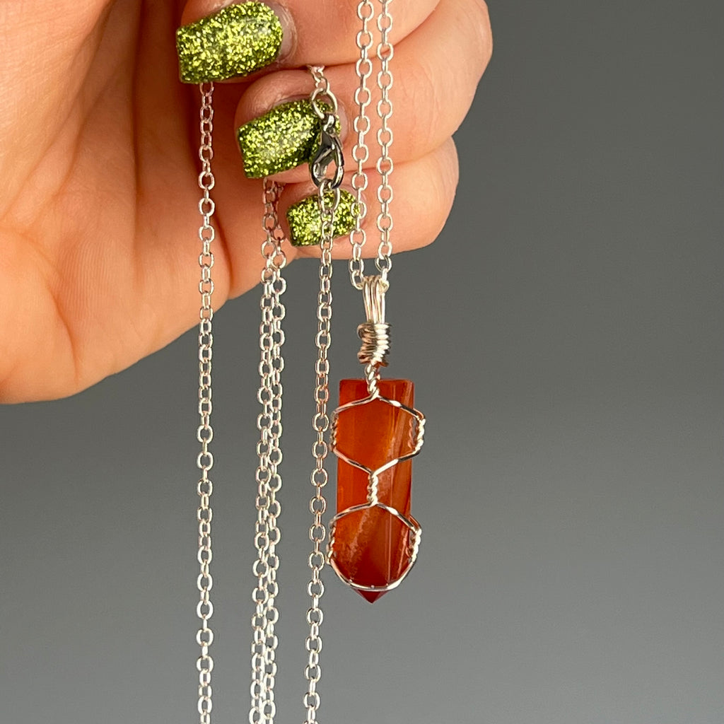 Carnelian wire wrapped crystal necklace on silver chain – Wholehearted Crystal Creations